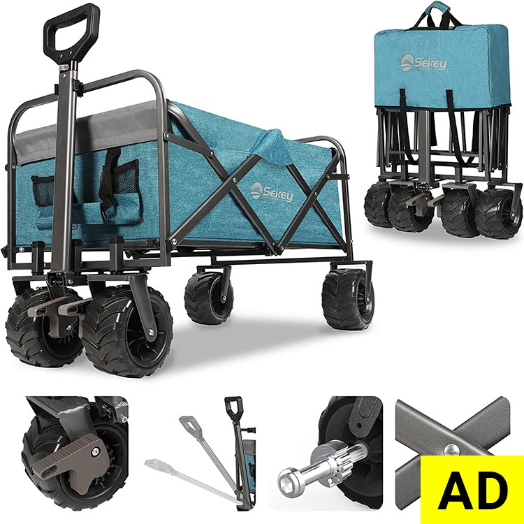 Festival Trolley with Wide All-Terrain Wheels, 440LB Large Load Capacity, Heavy-Duty Camping Wagon with Brake, Sturdy Beach Garden Cart, Adjustable Handles & Drink Holders